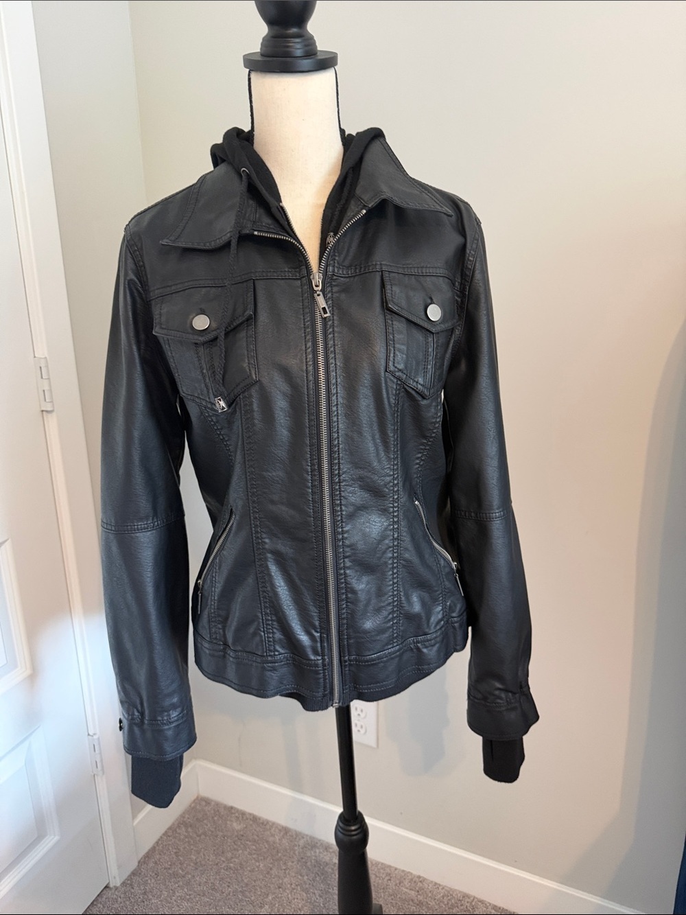 Black Faux Leather Hooded Jacket - Women